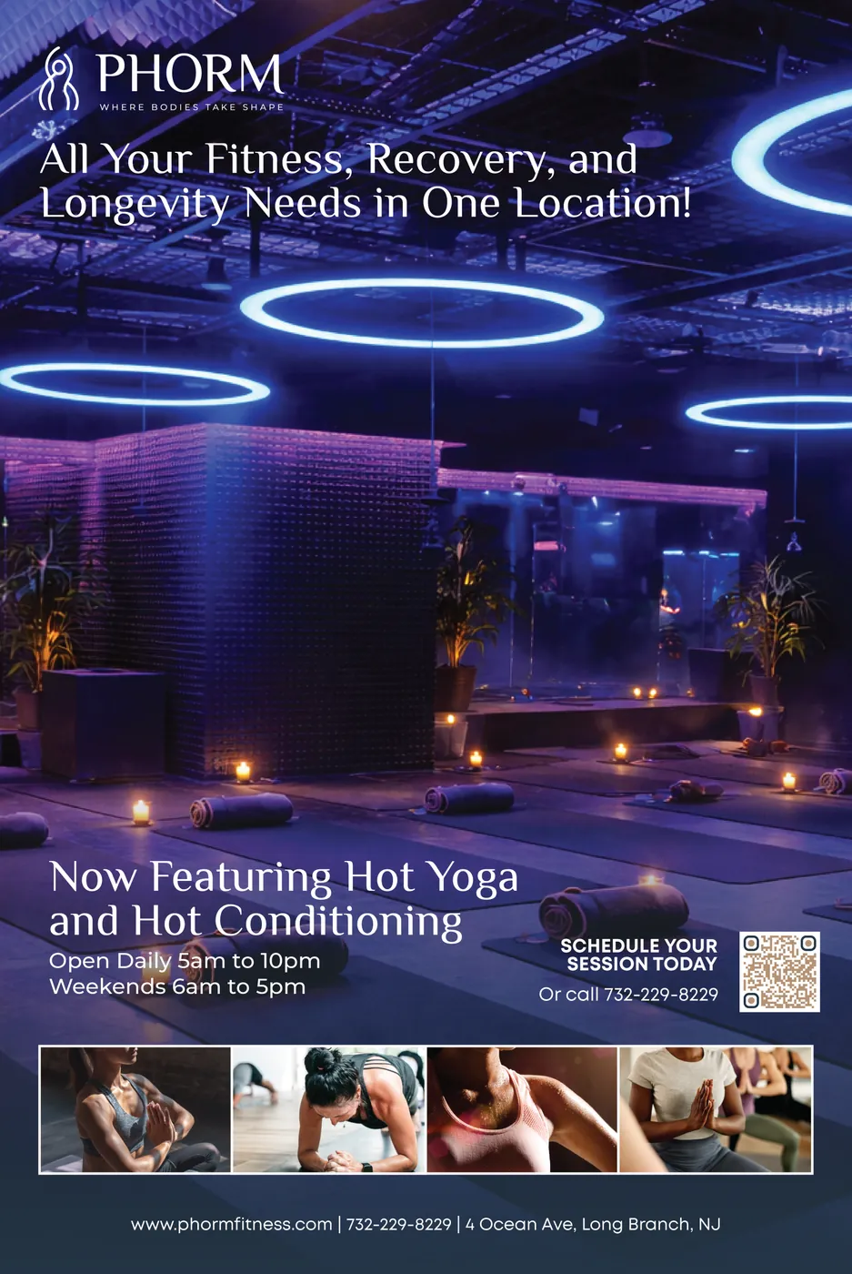 PHORM sign: a lit studio announcing hot yoga and hot conditioning, with hours and a QR code to schedule.