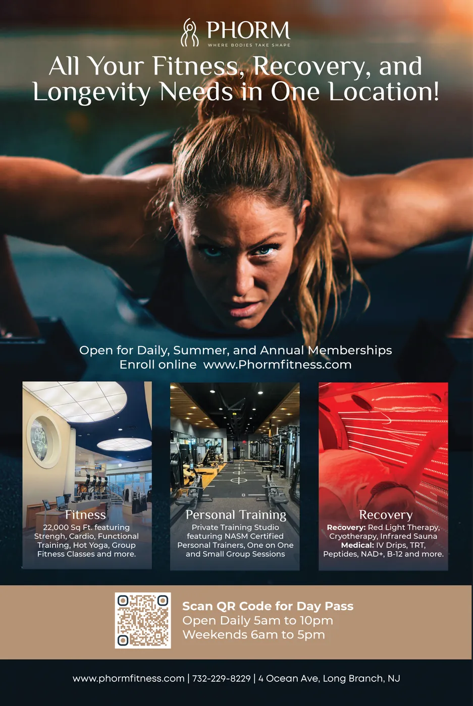 PHORM sign: an athlete doing push-ups above the line All your fitness, recovery and longevity needs in one location, with photos of the club.