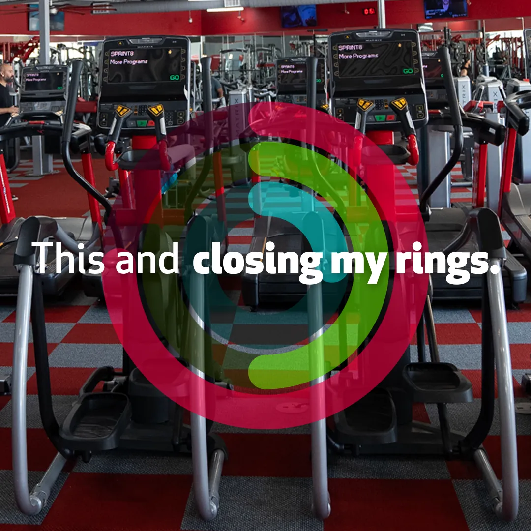 Workout Anytime social post: activity rings over the gym floor with the line This and closing my rings.