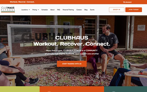 Clubhaus Fitness website homepage: members relaxing outdoors under the tagline Workout. Recover. Connect.