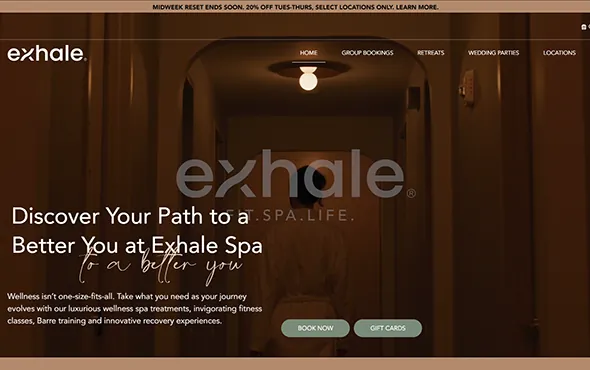 Exhale Spa website homepage: a warm-lit studio behind the line Discover Your Path to a Better You at Exhale Spa.