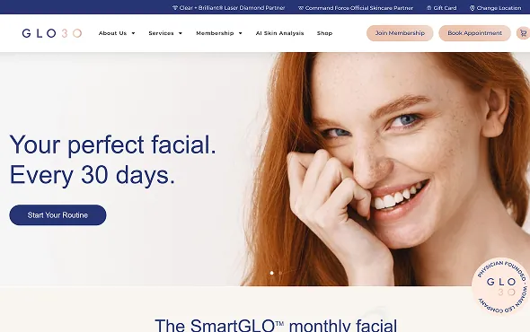 GLO30 website homepage: a smiling woman beside the headline Your perfect facial. Every 30 days.