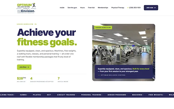 Optimum Wellness Centers website homepage: the headline Achieve your fitness goals beside a photo of the gym floor.