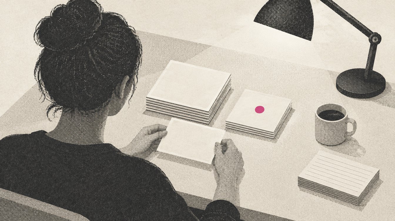 A creative strategist at a long agency table sorts printed ad cards into two piles under a desk lamp, with one card marked by a single magenta dot