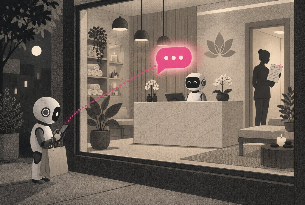 A small robot behind a spa front desk answers a glowing chat bubble while a second robot, outside the window, holds a shopping bag and taps a phone; the human owner watches from a doorway holding a price sheet