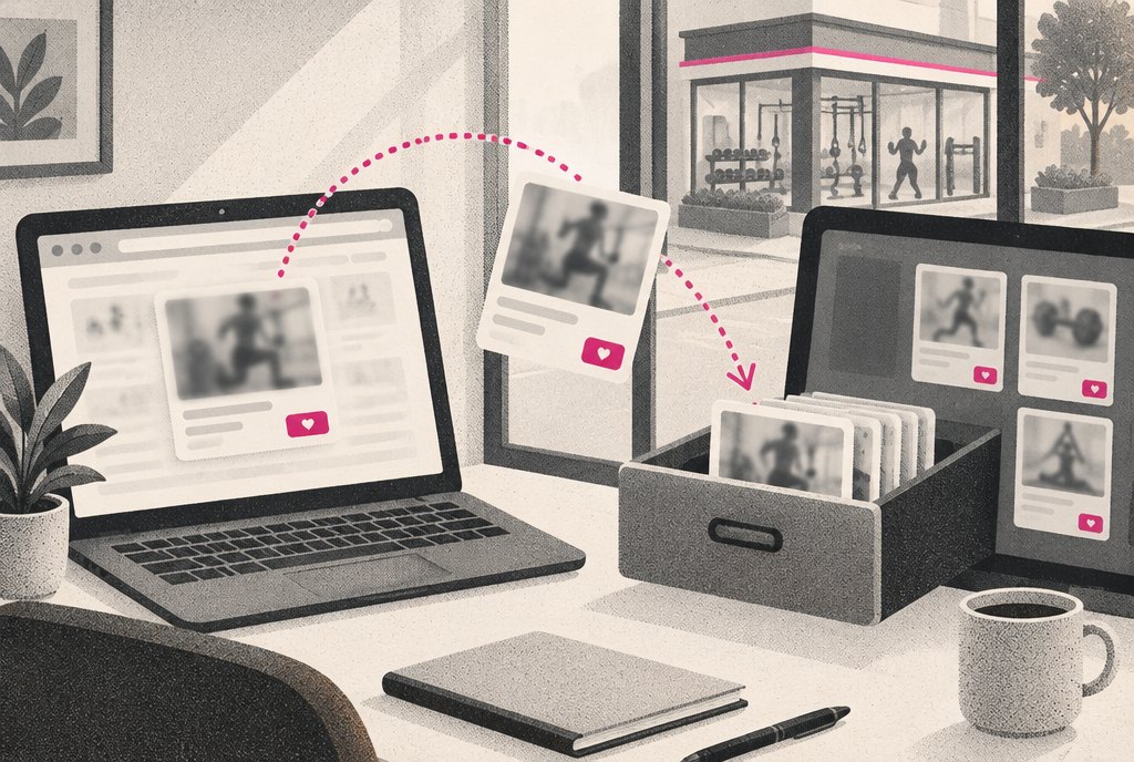 A browser showing a blurred ad card with a small magenta save button, and a curved arrow carrying the card into an open folder of similar cards on a nearby screen