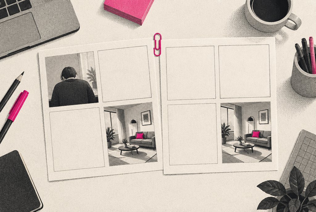 Two storyboards side by side on a desk, one with four frames showing a service from start to finish, one opening with a frustrated moment and ending on the same finished result