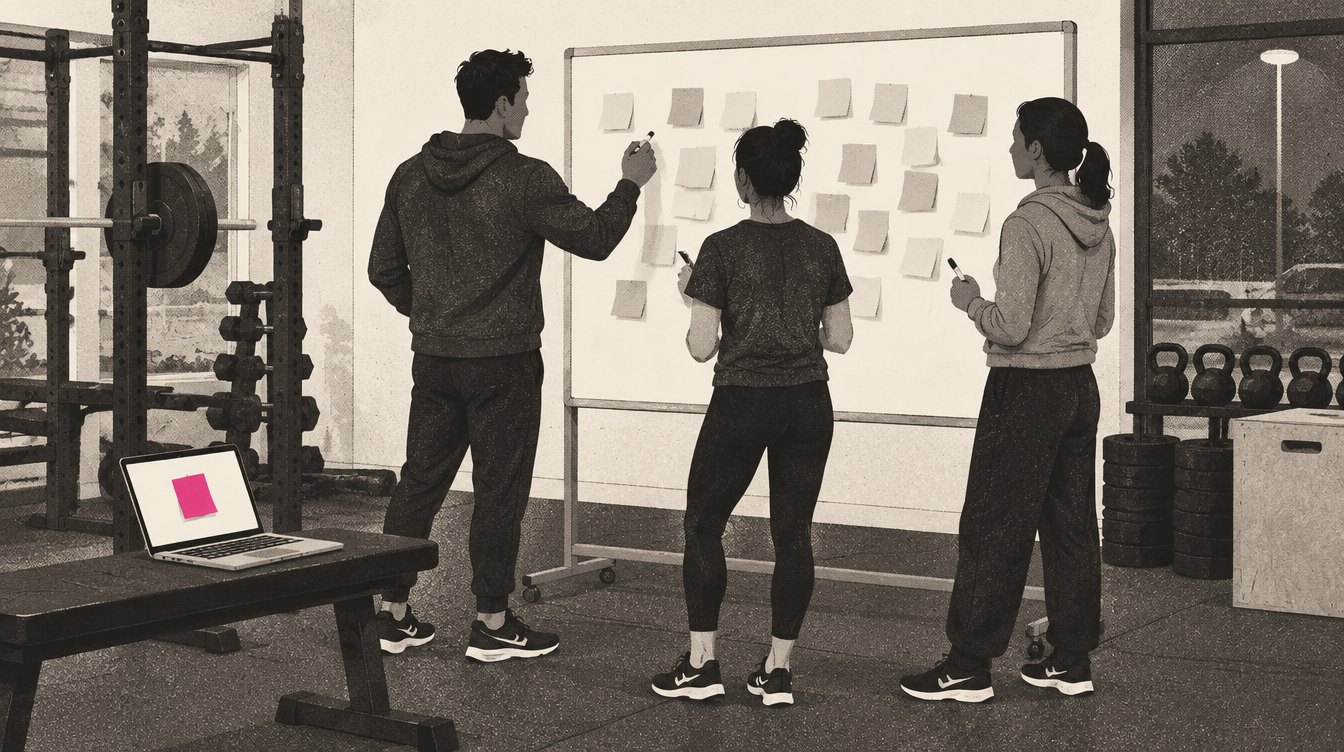 A gym owner and two staff stand at a whiteboard covered in sticky notes after closing, each holding a marker to score the ideas, while a laptop on a bench offers one more magenta note.