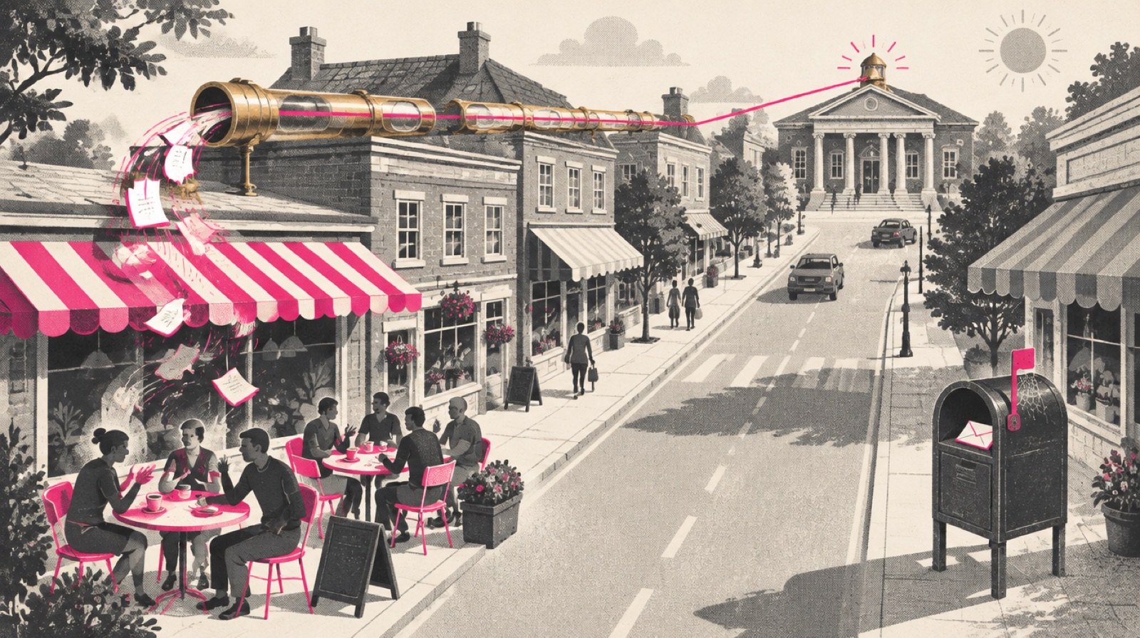 A small-town main street where a crowd chatting outside a cafe sends paper notes along a fast pneumatic tube straight to the library, while a shop's own letter waits in a slow mailbox across the road