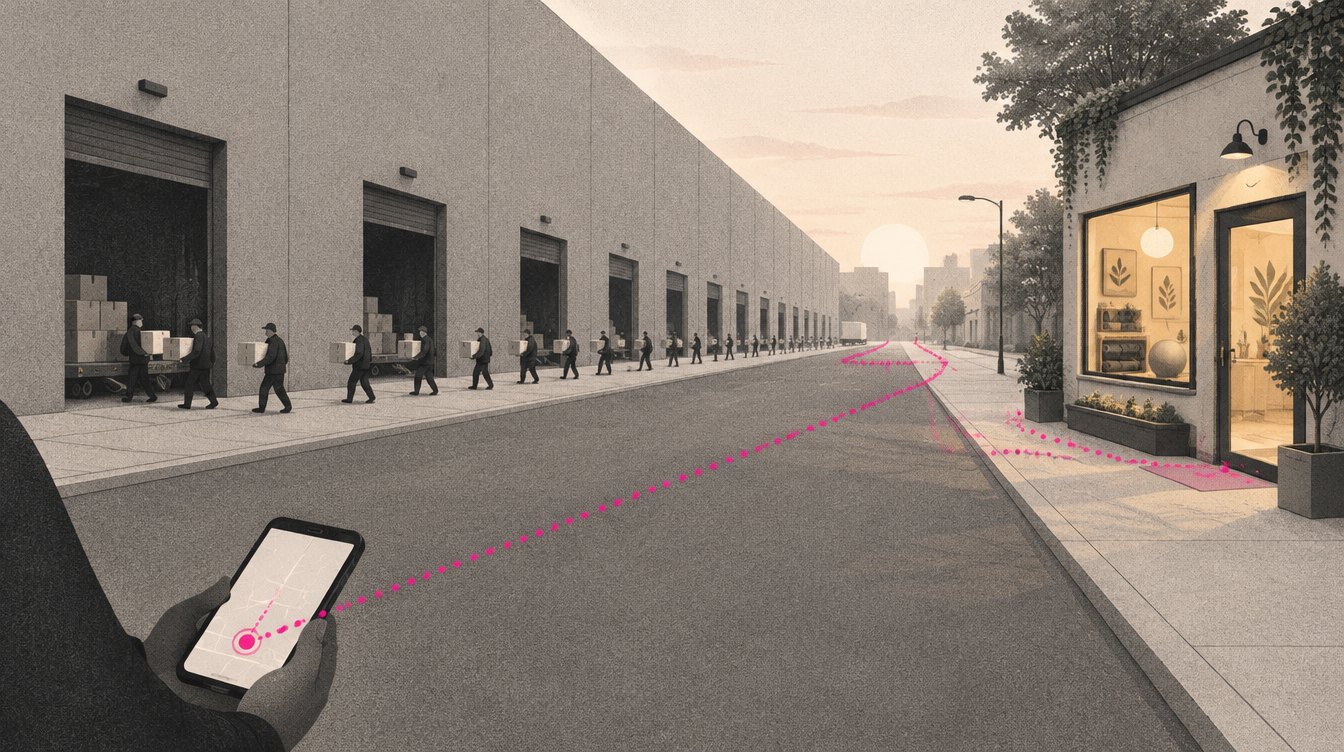 A small boutique studio storefront standing in the shadow of a vast warehouse, with a single magenta dotted path leading from a phone to the studio's own front door