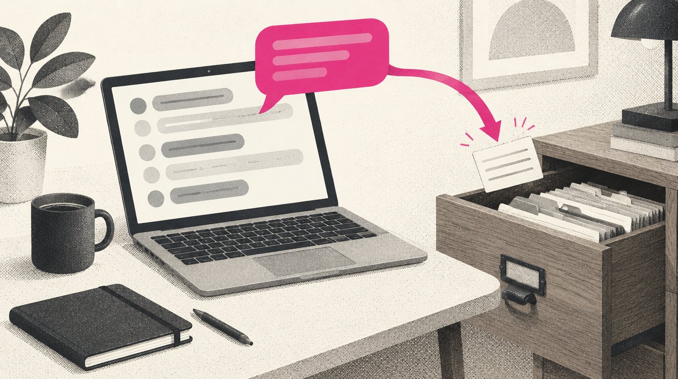 An agency desk with a laptop showing an abstract chat thread, a single magenta speech bubble rising from it and dropping a small card into an open filing drawer labelled only with a dot pattern