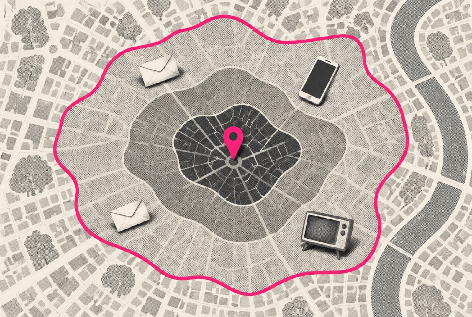A street map in halftone with three nested drive-time shapes around a single pin, small paper envelopes, a phone and a television laid on the same rings, one ring edged in magenta