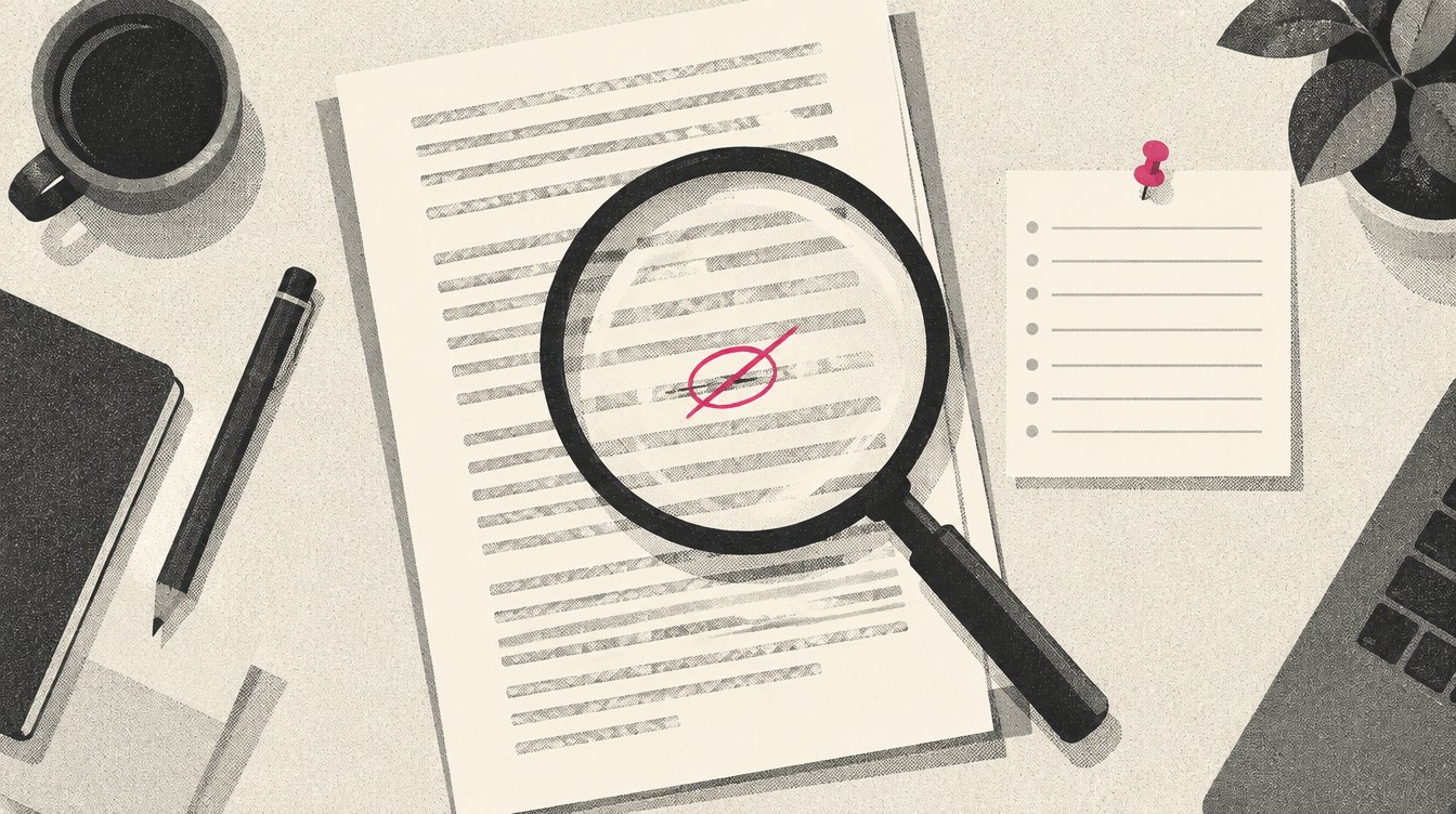 An editor's desk where a typed page passes under a magnifying glass; one number on the page is circled in magenta and crossed out, while a short list of approved figures sits pinned beside it.