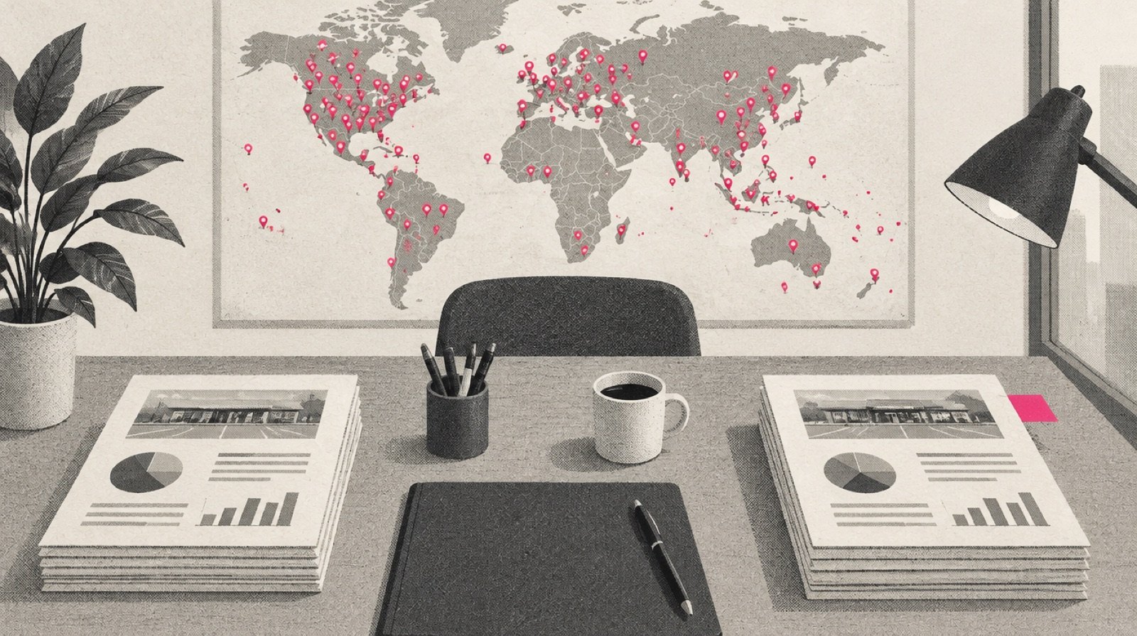 A franchise development desk with a large wall map of pins and two stacks of reports, one marked with a single magenta tab
