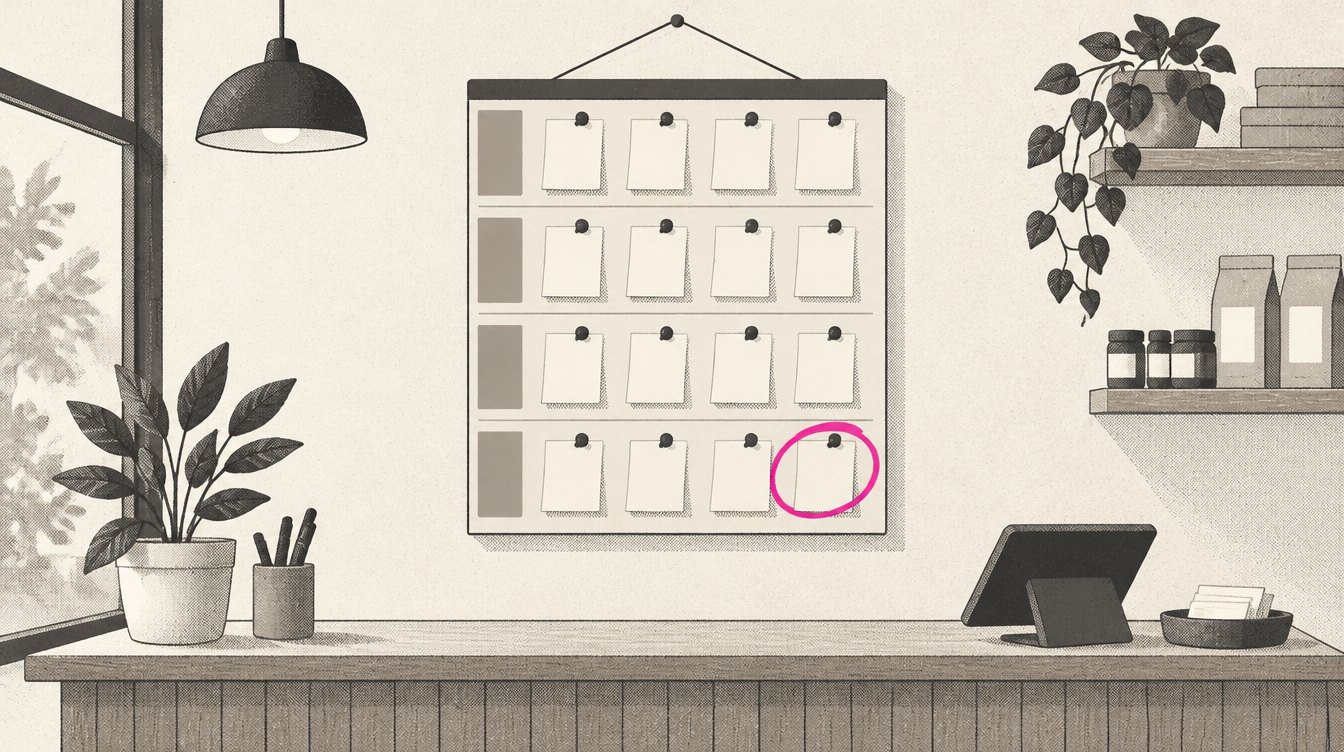 An illustrated wall calendar showing four weeks, with small ad thumbnails pinned to each week and one thumbnail circled