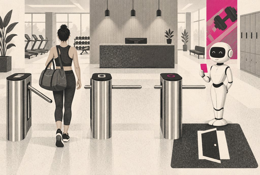A gym front desk where a polite robot holding a glowing magenta badge waits in front of a closed turnstile, while a member walks through the open gate beside it