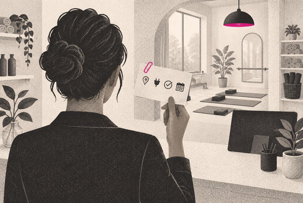 An illustrated franchise owner standing at a studio's front desk holding a single index card, with small icons on the card for an address pin, a plug, a checkmark and a calendar