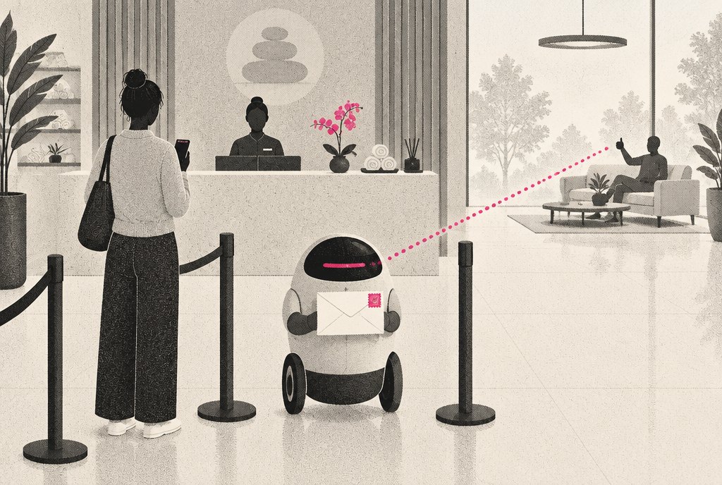 A front desk with two lines: a customer holding a phone, and a small courier robot carrying a sealed envelope stamped with a single-use card, both waiting at the same card reader
