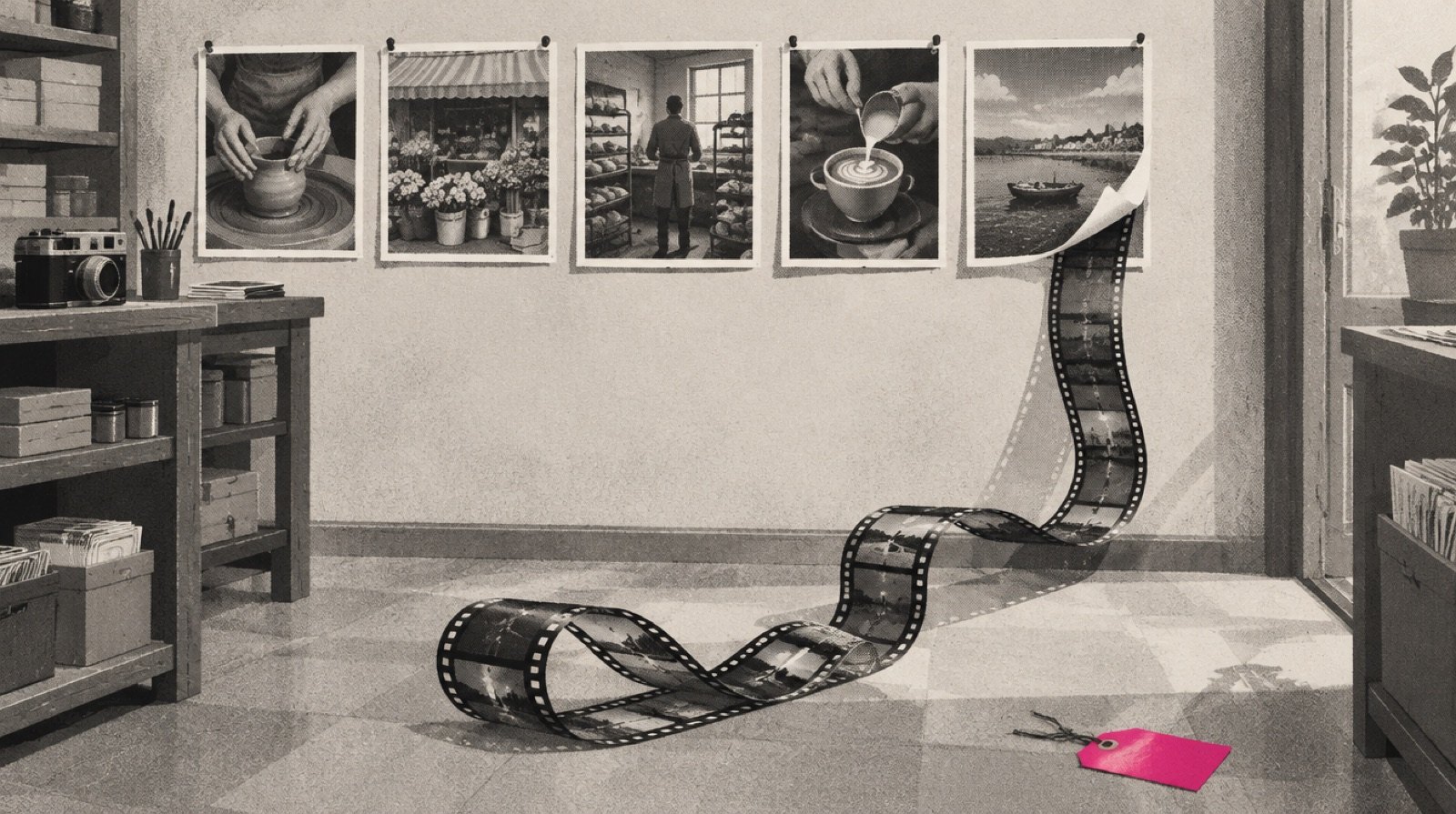 A row of still photos pinned to a shop wall, the last one lifting off the wall and unrolling into a strip of film, with a small price tag hanging from the film, one magenta tag