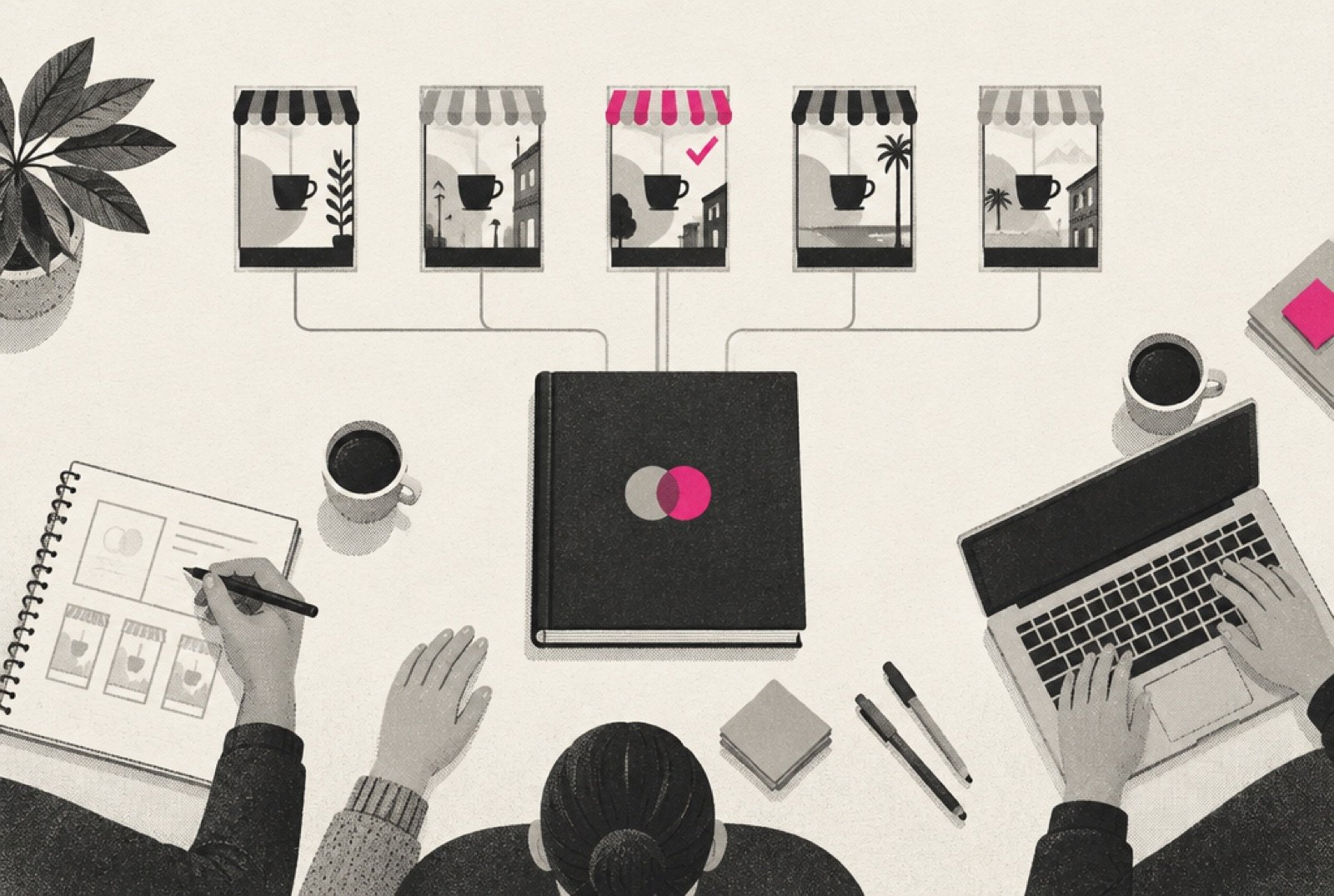 A brand team's worktable seen from above, with a single brand book in the center and thin lines running from it to a row of small storefront ad cards, each card a slightly different local version, one marked with a magenta check