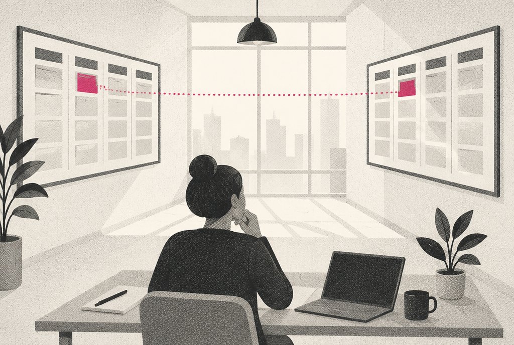 An agency workspace where a request card on a wall board slides from one column to the next, with a thin line running from it to a second, matching board on the opposite wall