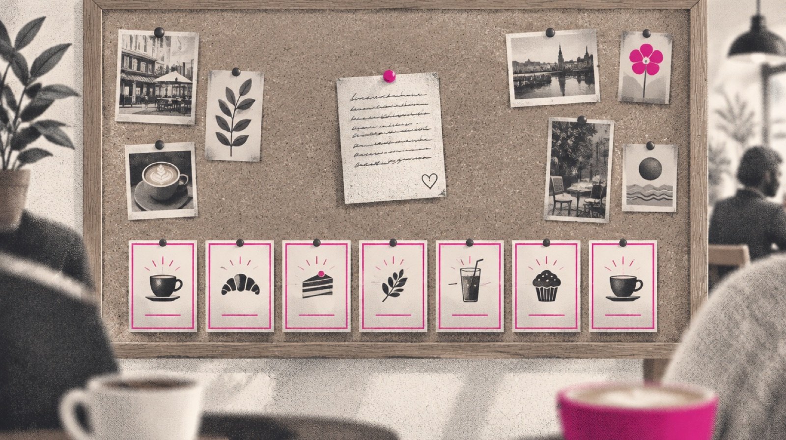 A town notice board where one handwritten recommendation card is pinned in the center, and a neat row of paid cards with a thin magenta border hangs along the bottom edge