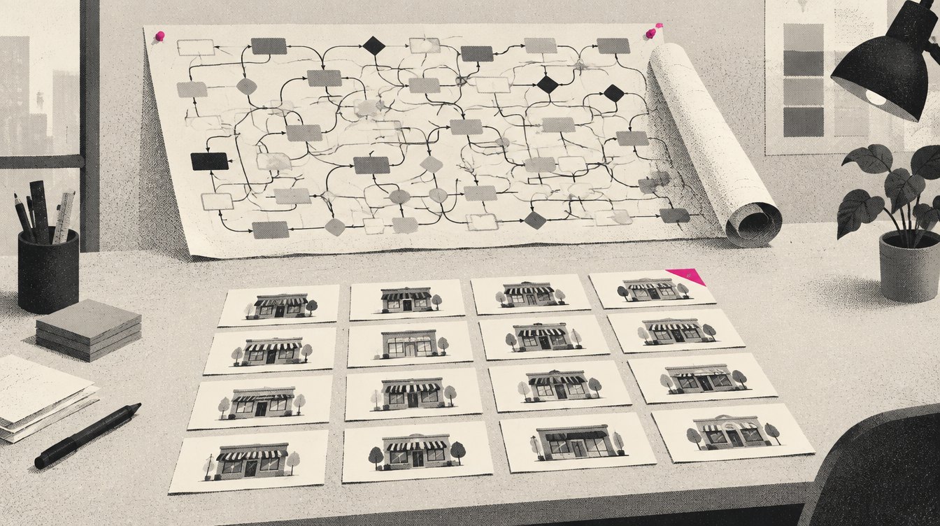 A drafting table with a long flowchart pinned up and set aside, and in front of it a single index card per location laid out in a neat grid, one card marked with a magenta corner
