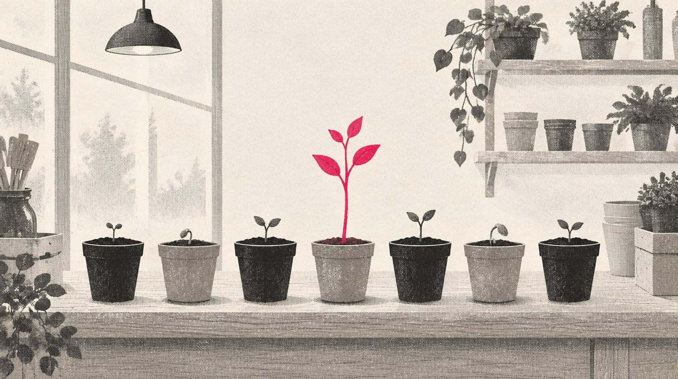 An illustrated row of small seedlings in pots on a shop counter, most barely sprouted, one taller stem in magenta