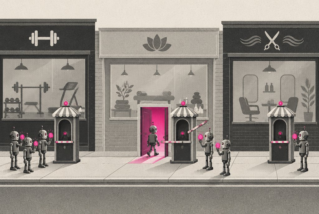 A row of small storefronts, a gym, a spa and a salon, each with a tiny ticket booth at the door where small robots drop a single coin and walk in