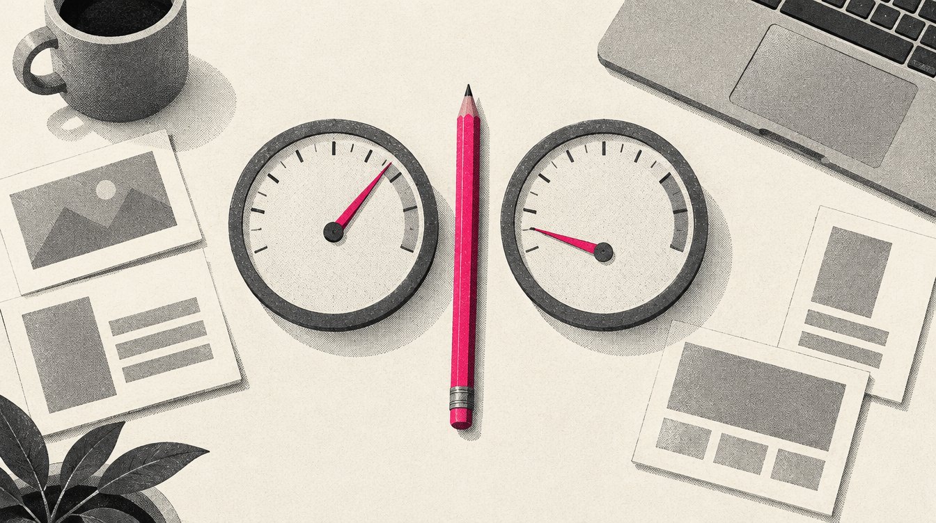 An illustrated ad-planning desk with two gauges side by side, one reading high and one reading low, a magenta pencil resting between them.