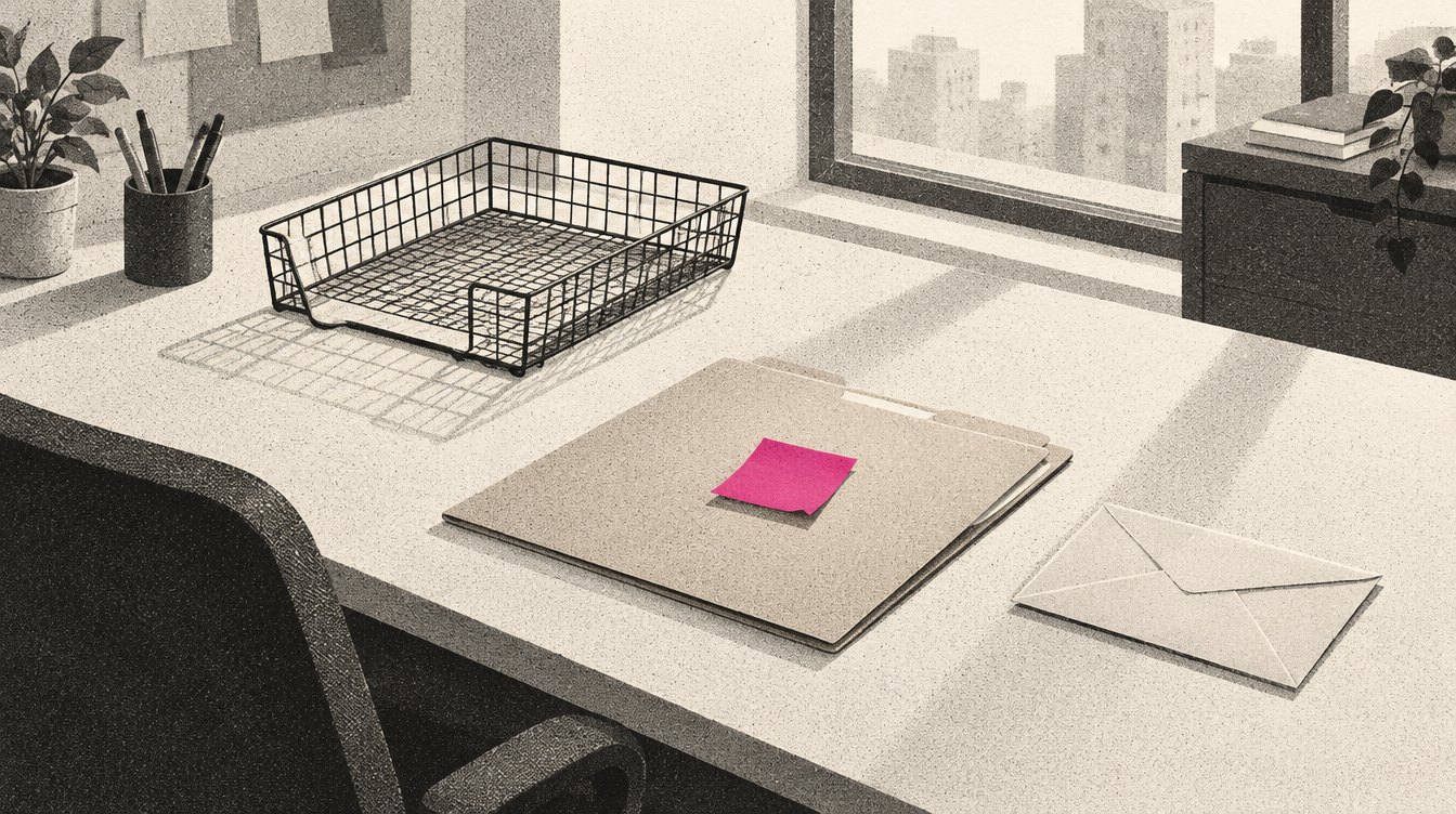An agency desk with an empty outbox tray and a sealed envelope set aside, while a magenta sticky note on a folder marks the one piece of information still missing.