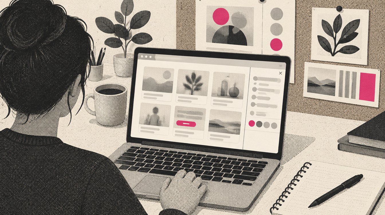 An illustrated browser window on a strategist's desk, with a small magenta button sitting on a blurred ad card and a slim panel opening down the right edge of the screen.