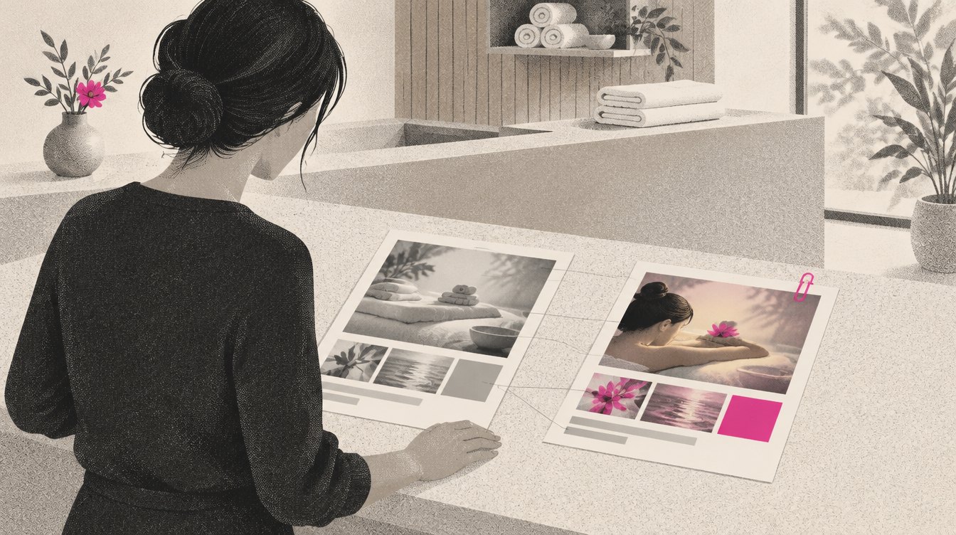 At a spa reception desk, a designer lays a found ad layout on the left and the same layout rebuilt in a different brand's colors and photo on the right, with thin lines connecting the matching parts