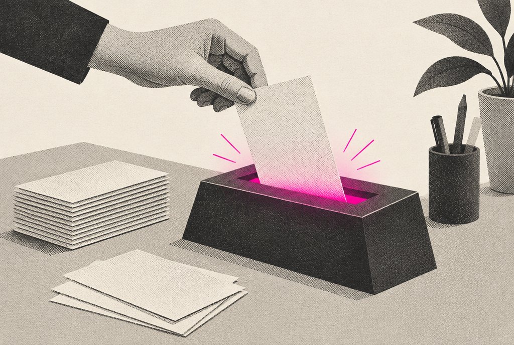 Illustration of a desk with a stack of blank ad cards being fed one at a time into a slot, with one card glowing magenta