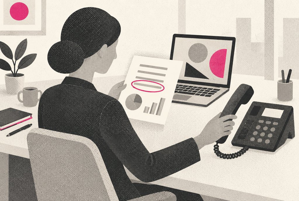 An illustrated account manager at a desk holding a printed report, with five short ruled lines at the top of the page and the fifth line circled in magenta, a desk phone beside them.
