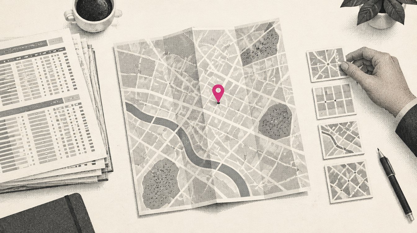 A franchise development desk with a paper map, a stack of census printouts pushed aside, and a row of small location cards being lined up next to a magenta pin