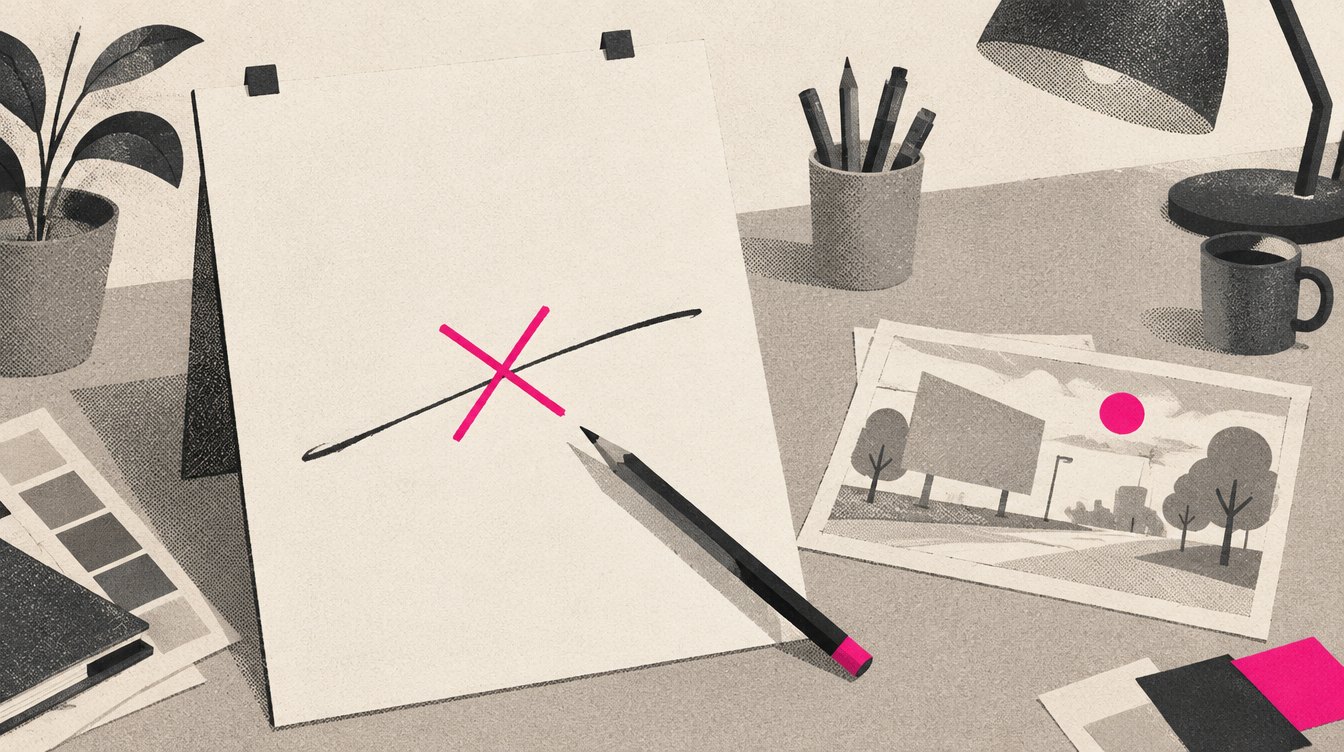A large blank poster board on an ad-planning desk with a pencil crossing out its single line, beside a small sketch of a scene marked with one magenta dot
