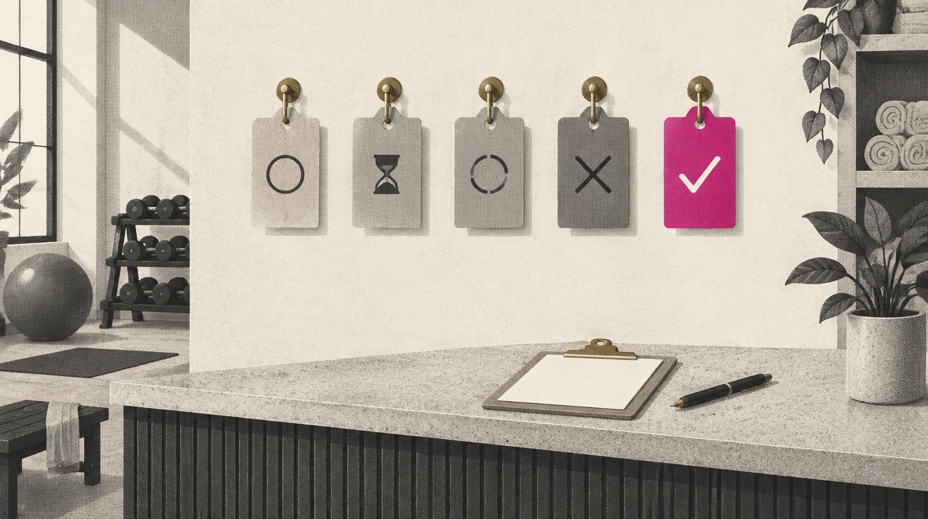 A row of four small paper tags hanging from hooks on a gym's front-desk wall, each tag a different shade of grey, with one magenta tag at the end marked only by a tick