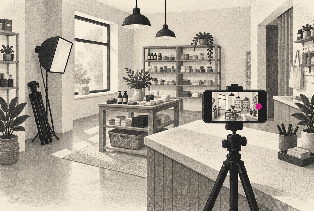 A phone propped against a coffee mug on the counter of a small local business, filming the room, with an unused tripod and studio light folded in the corner