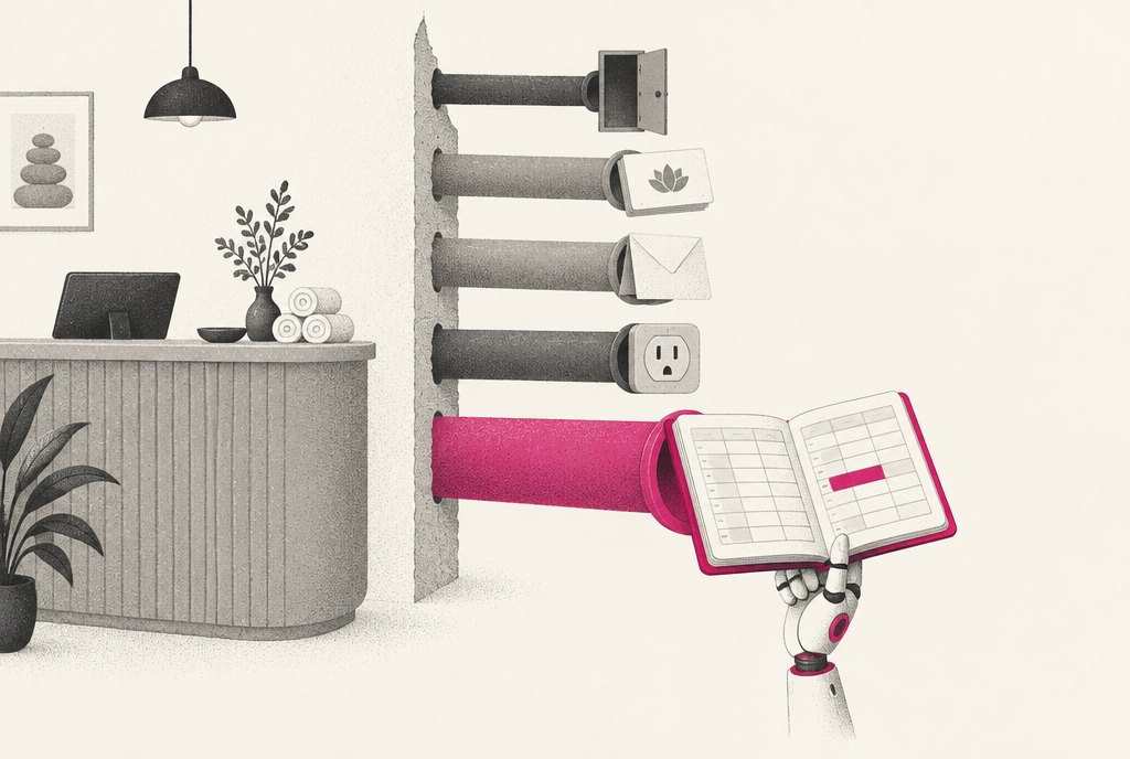 A cutaway of a spa reception wall: five pipes of different widths run behind the plaster, four in grey and one in magenta, leading from the desk to a small robot hand holding a calendar
