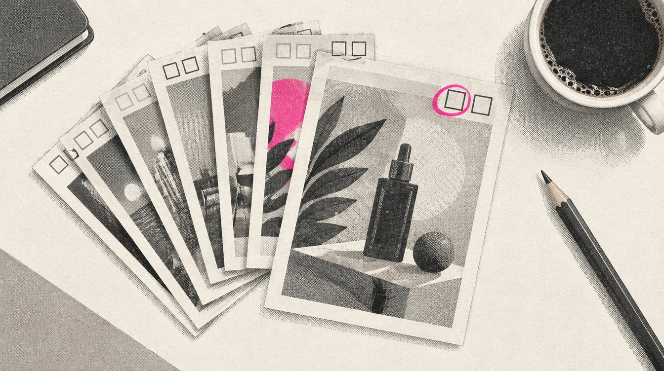 An illustrated ad-planning desk with a stack of printed ad cards, each marked with two small grade boxes, one of them circled in magenta.