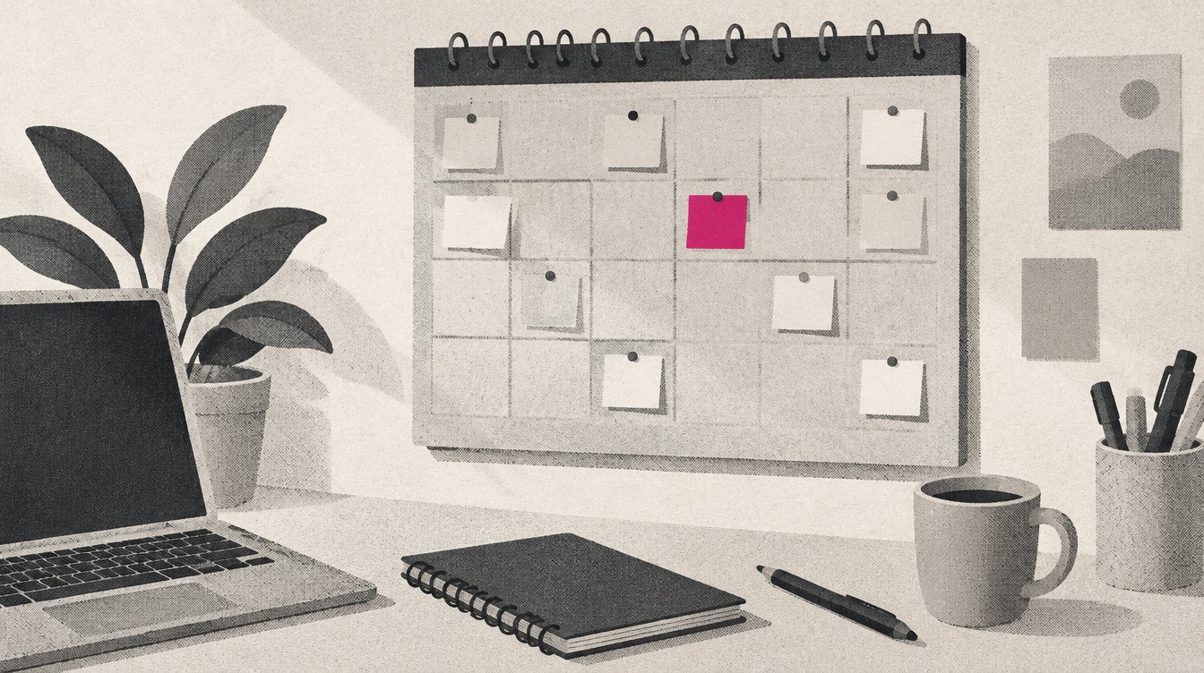 An illustrated planning desk with a wall calendar where a few week squares hold small ad cards, one marked in magenta