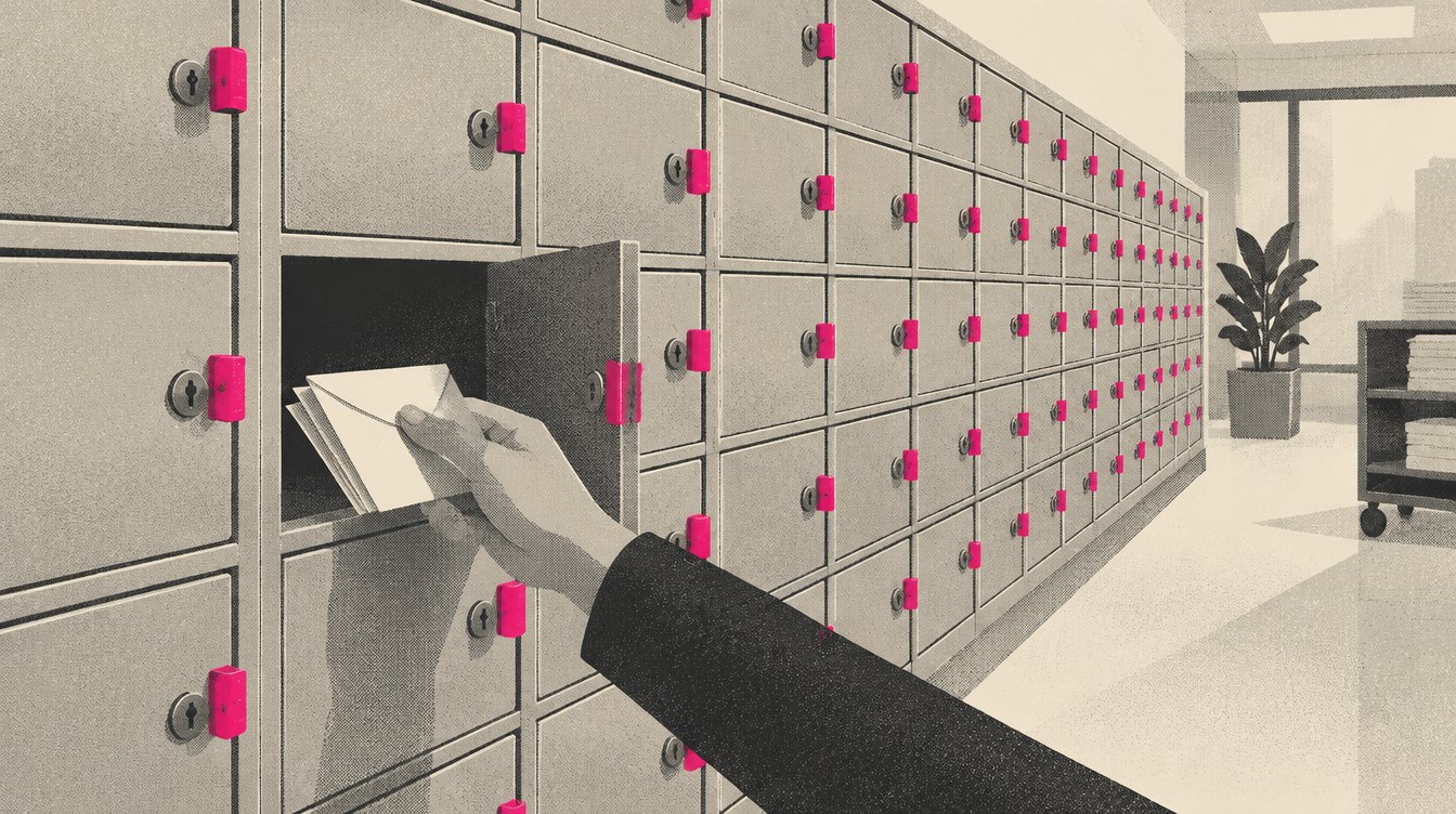 A franchise office with a row of identical mailboxes, one per location; a single hand opens only its own box, while a magenta latch keeps every neighboring box closed.