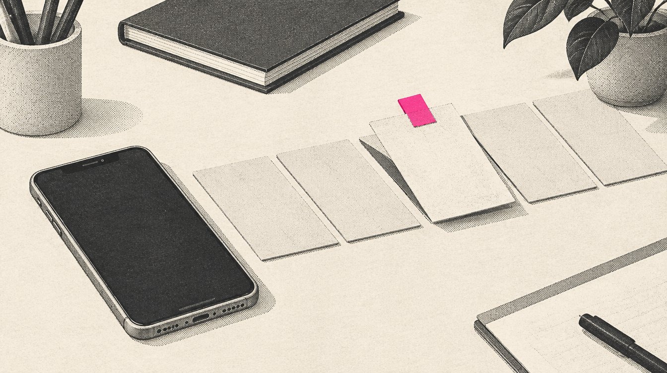 A phone lying on an ad-planning desk beside a row of index cards, each card a different opening, one card lifted and marked with a magenta tab
