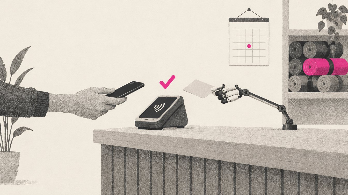 A small robot hand and a human hand both reaching for the same card reader on a studio front desk, with a magenta checkmark glowing above the screen