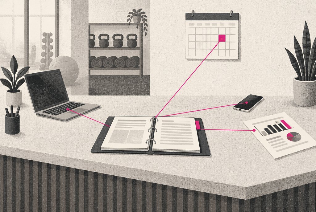 An illustrated franchise front desk with a single binder open on the counter, and thin lines running from the binder to a laptop, a phone, a printed report and a wall calendar