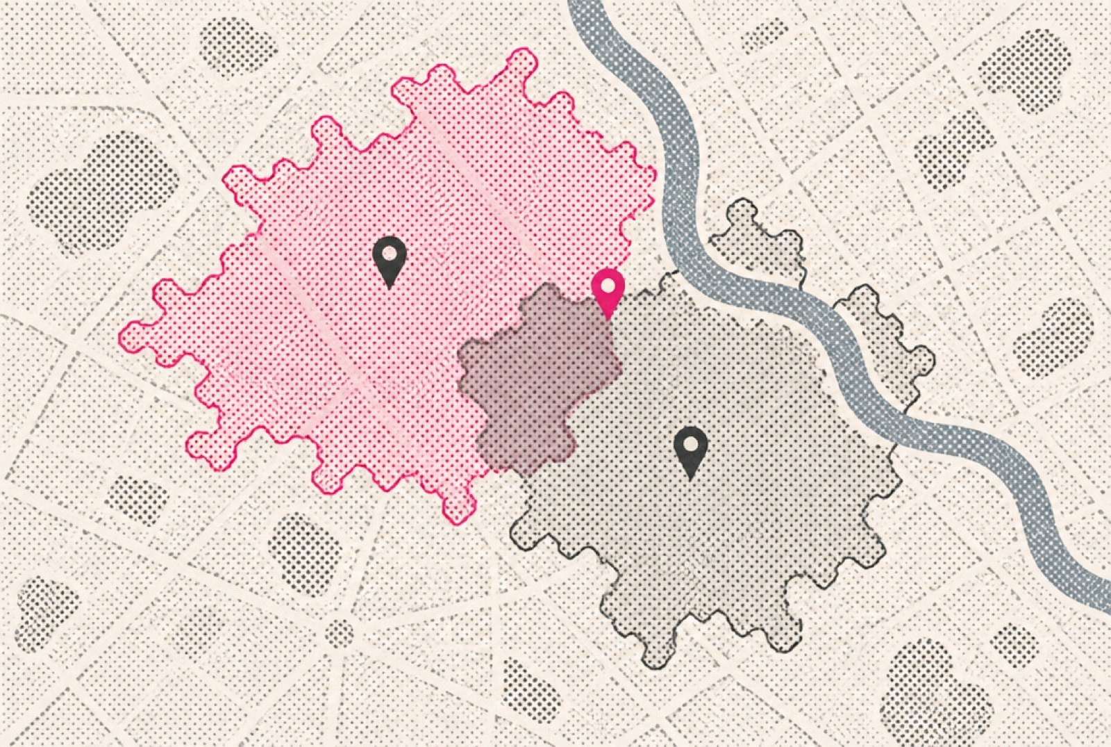 A halftone street map with two irregular drive-time shapes around two pins, the shared area between them shaded in warm grey, and a third pin in magenta sitting at the edge of the overlap
