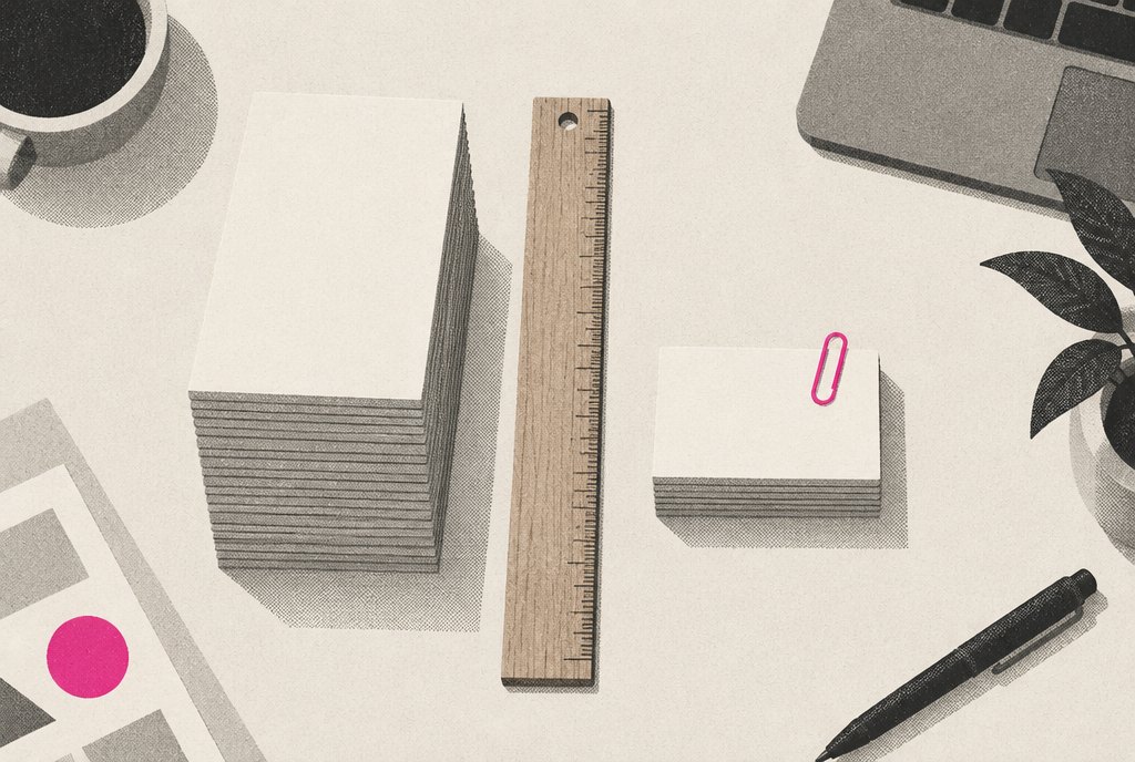 An illustrated ad-planning desk with two piles of lead cards, one tall and one very short, a ruler laid between them and the short pile marked with a magenta clip