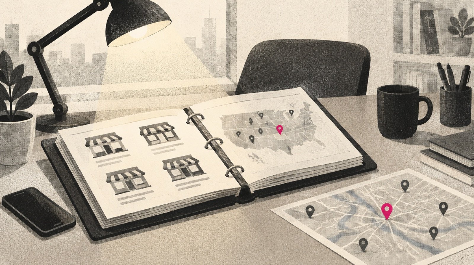A franchise development desk with an open thick binder, a phone and a map with a few pins, one pin in magenta, under a warm desk lamp