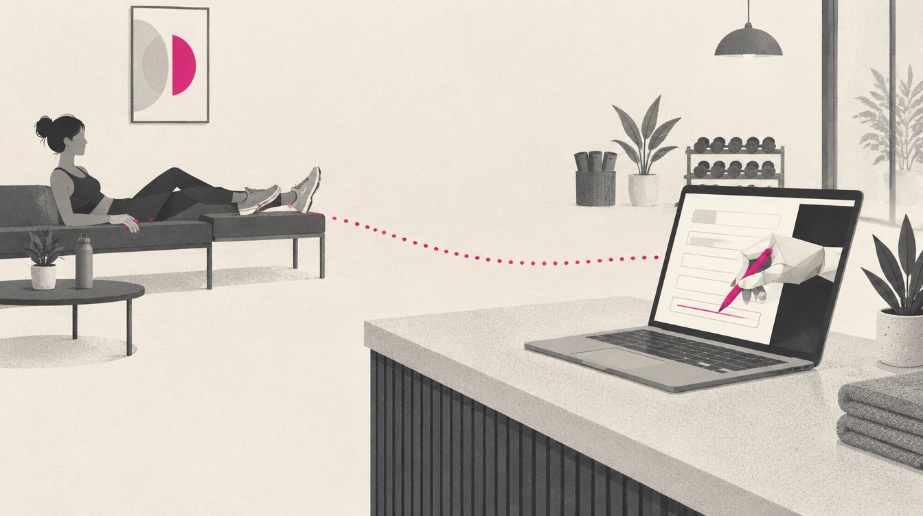 A studio front desk with a booking form on a screen, and a small paper robot hand holding a pen to fill in the form while a customer relaxes in the waiting area